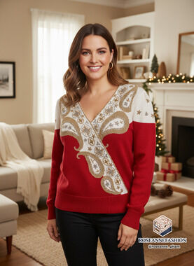 Jaclyn Smith Vintage Paisley V-Neck Sweater Red Gold Sz L NWT